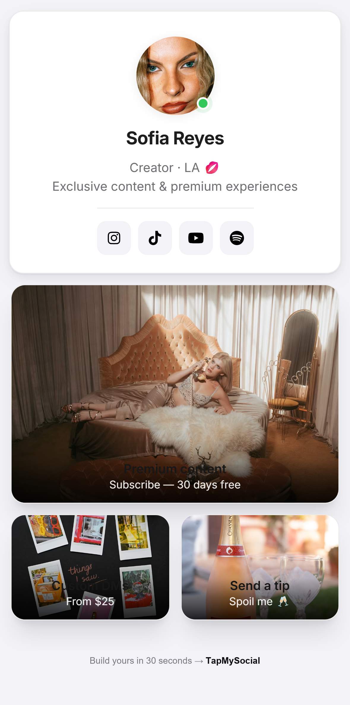 A TapMySocial landing page — creator profile with bento-style conversion tiles